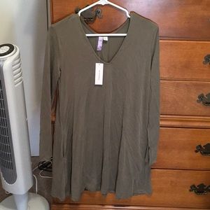 Olive color, long sleeved v neck dress